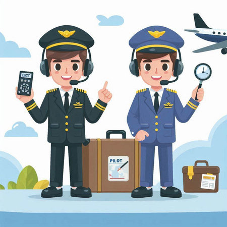 Pilot and stewardess in uniform with a suitcase. Vector illustrationのイラスト素材