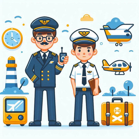Pilot and stewardess in uniform. Vector illustration in flat styleのイラスト素材