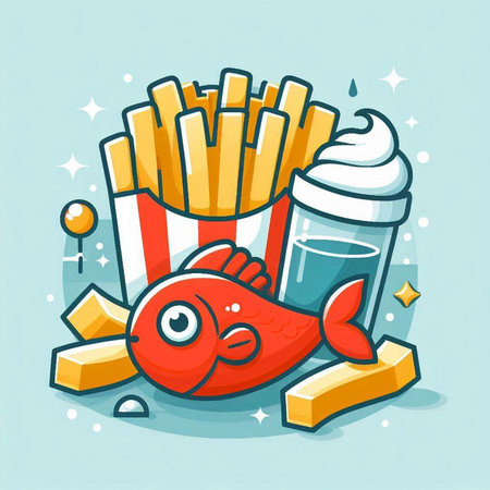 Vector illustration of funny cartoon fish with french fries and ice cream.のイラスト素材
