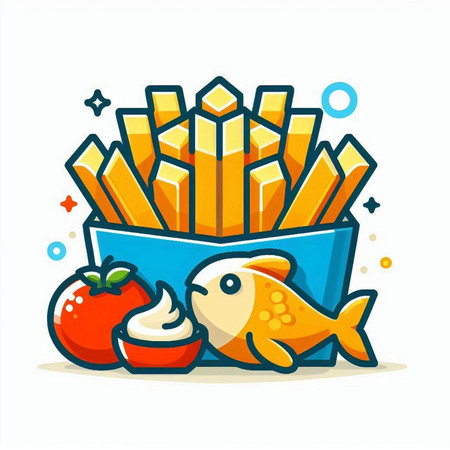 French fries with fish and vegetables. Vector illustration in cartoon style.のイラスト素材