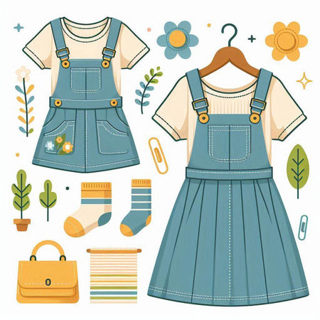 Vector set of clothes and accessories for a girl in a blue dress.のイラスト素材
