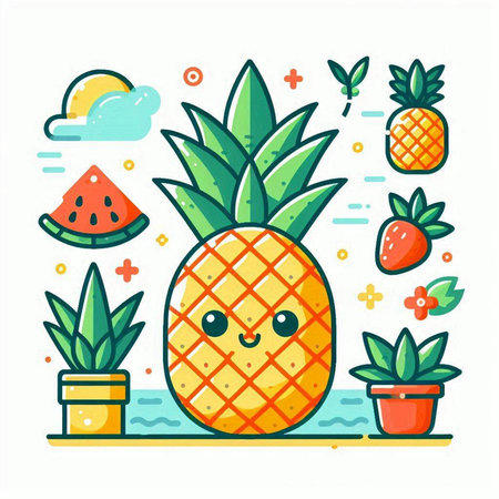 Cute pineapple character with watermelon and tropical plants. Vector illustration.のイラスト素材
