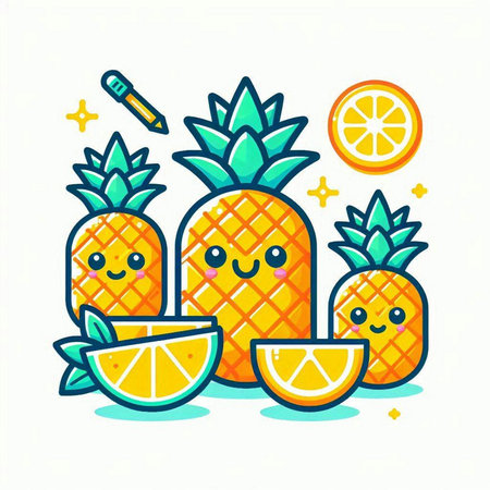 Cute pineapple fruit character. Vector flat cartoon kawaii illustration. Isolated on white background.のイラスト素材
