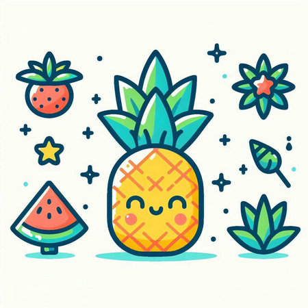 Cute pineapple fruit character in kawaii style. Vector illustration.のイラスト素材