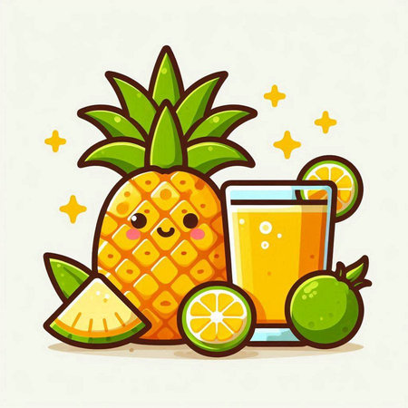 Cute cartoon pineapple fruit character with orange juice and lime. Vector illustration.のイラスト素材