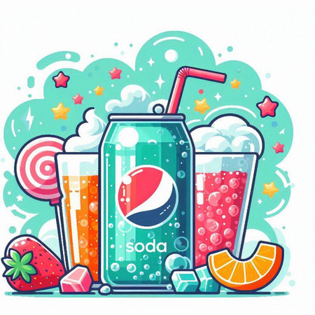 Cans of soda drinks with ice cubes, straws and fruits. Vector illustration.のイラスト素材