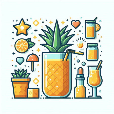 Pineapple smoothie in a glass. Vector flat illustration.のイラスト素材