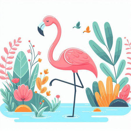 Pink flamingo on the background of tropical vegetation. Vector illustration.のイラスト素材