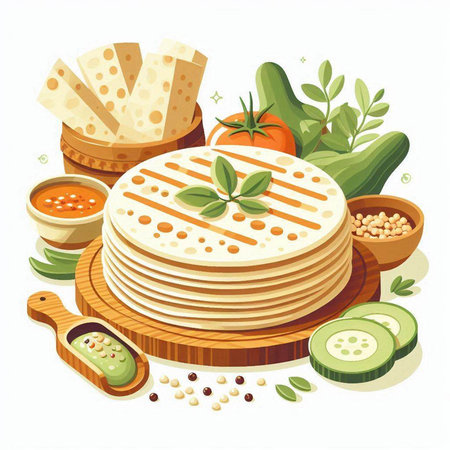 Mexican tortillas with guacamole sauce and ingredients. Vector illustration.のイラスト素材