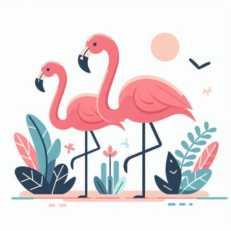 Vector illustration of pink flamingo in flat style on white background.のイラスト素材