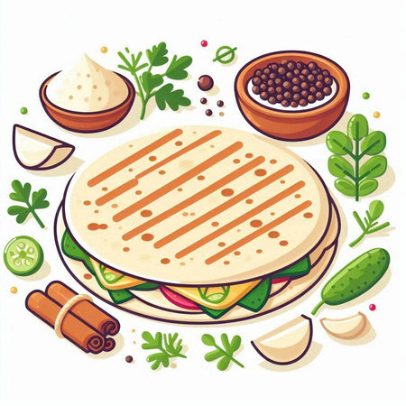 Mexican quesadilla with vegetables and spices. Vector illustrationのイラスト素材