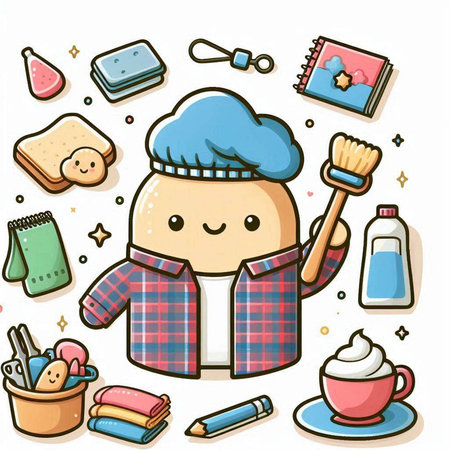 Illustration of a Cute Cartoon Mascot Character with Cleaning Toolsのイラスト素材
