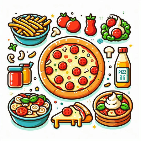 Pizza and ingredients. Vector illustration in cartoon style isolated on white background.のイラスト素材