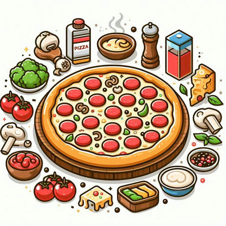 Pizza and ingredients. Vector illustration of pizza and ingredients for cooking.のイラスト素材