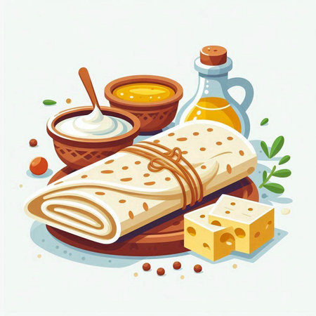 Vector illustration of a spa set. A bottle of oil, a wooden bowl with honey, a piece of cheese, a spoon and a towel.のイラスト素材