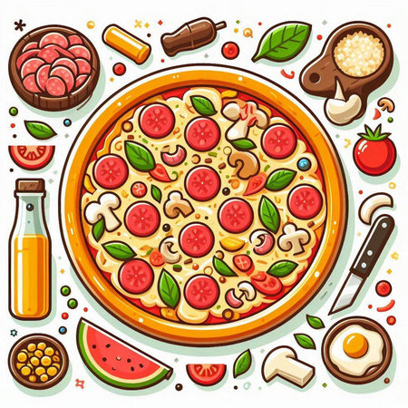 Pizza with ingredients on white background. Vector illustration in cartoon style.のイラスト素材