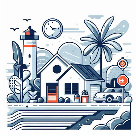 Vector illustration of a lighthouse on the background of the sea, palm trees, road and cars.のイラスト素材