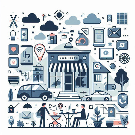 Flat line design modern vector illustration concept of online shopping, e-commerce, business and technology.のイラスト素材