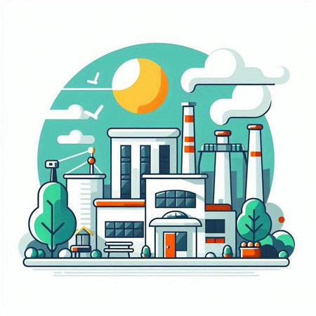 Industrial landscape with factory, buildings, trees and clouds. Flat vector illustration.のイラスト素材