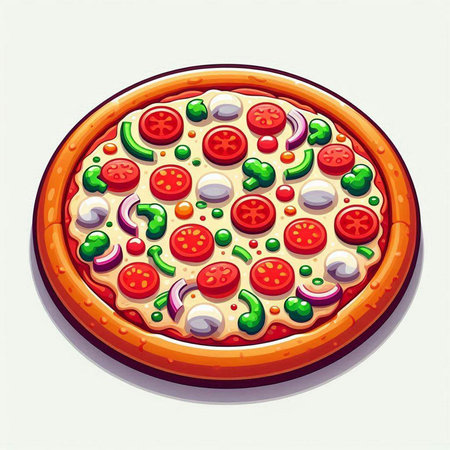 Illustration of a pizza with tomato, mozzarella and olivesのイラスト素材