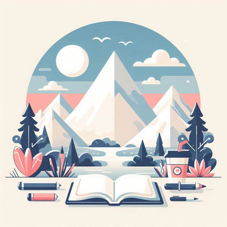Mountain landscape with mountains, lake and forest. Flat style vector illustration.のイラスト素材