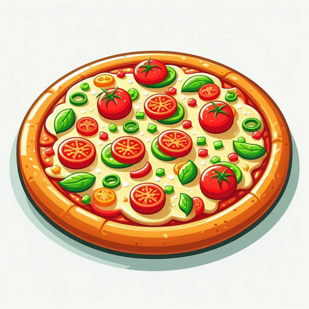 Pizza with tomato, mozzarella and basil, vector illustrationのイラスト素材
