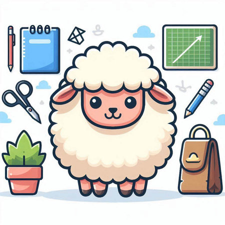 Sheep and school supplies. Cute cartoon character. Vector illustration.のイラスト素材