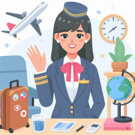Air hostess in uniform waving hand at camera. Air hostess sitting at desk with suitcase and passport. Vector illustration.のイラスト素材