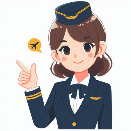 flight attendant pointing with her finger on a white background, vector illustrationのイラスト素材
