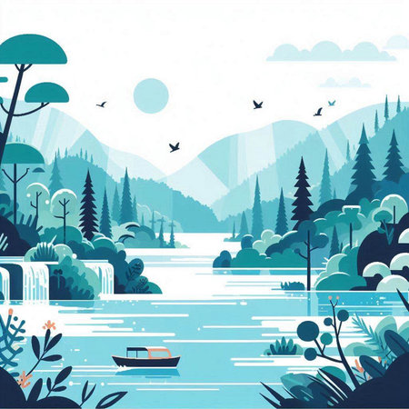 Landscape with river, mountains, forest and boats. Vector illustration.のイラスト素材