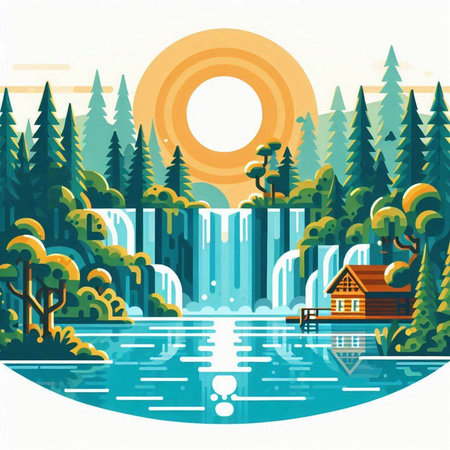 Landscape with waterfall, lake and wooden house. Vector illustration.のイラスト素材