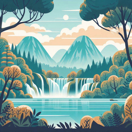 Landscape with waterfall and trees. Vector illustration in flat style.のイラスト素材