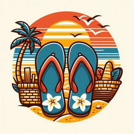 vector illustration of flip flops on the beach with palm trees and sunのイラスト素材