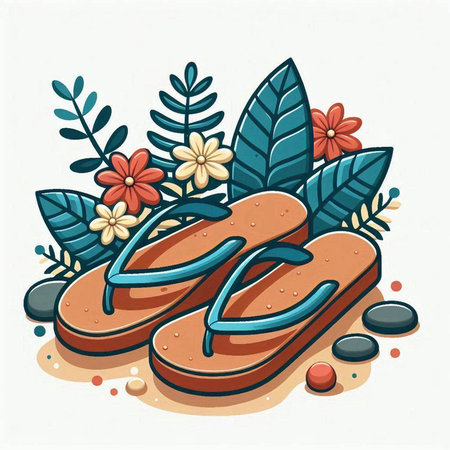 Flip-flops with leaves and flowers. Vector illustration.のイラスト素材