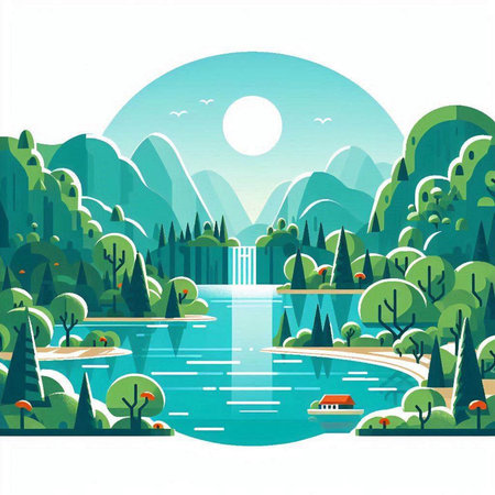 Landscape with lake, forest and mountains in flat style. Vector illustration.のイラスト素材
