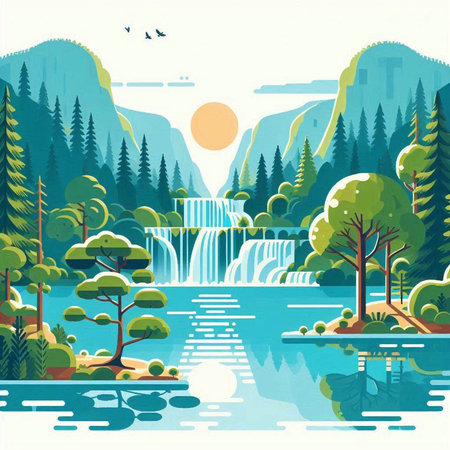 Landscape with waterfall in the forest. Vector illustration in flat styleのイラスト素材