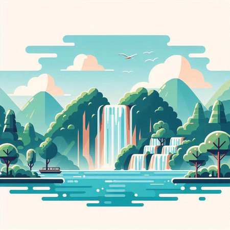 Waterfall vector illustration. Landscape with river, mountains and trees.のイラスト素材