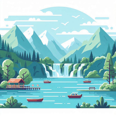Landscape with mountains, lake and boats. Vector illustration in flat styleのイラスト素材