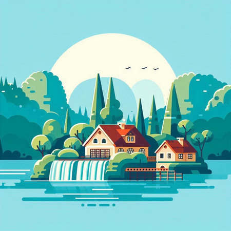 Landscape with a house on the bank of the river. Vector illustrationのイラスト素材