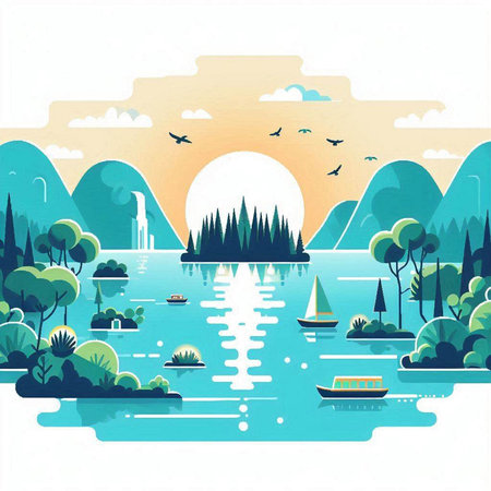 Landscape with lake and mountains in flat style. Vector illustration.のイラスト素材