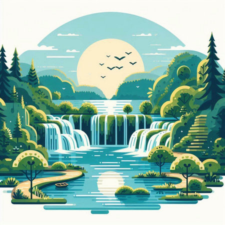 Landscape with a waterfall in the forest. Vector illustration in flat style.のイラスト素材