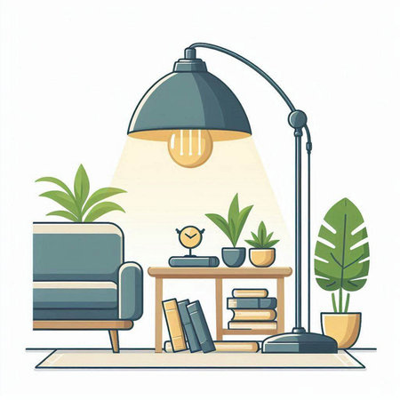Interior of modern living room with armchair, lamp and plants. Flat vector illustration.のイラスト素材