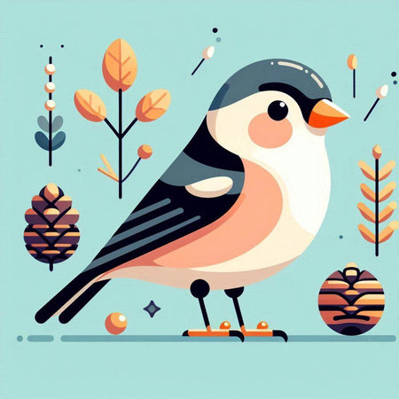 Christmas card with bullfinch. Vector illustration in flat style.のイラスト素材