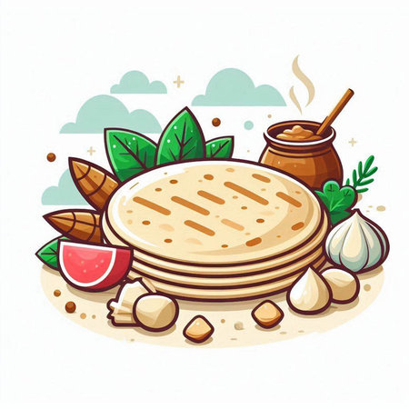 Illustration of a stack of pancakes and ingredients for cooking on a white backgroundのイラスト素材