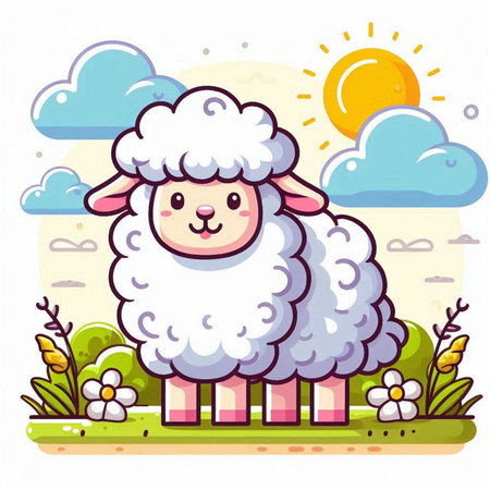Sheep on the meadow. Cute cartoon character. Vector illustration.のイラスト素材