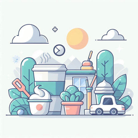 Coffee cup and camping equipment. Flat style vector illustration.のイラスト素材