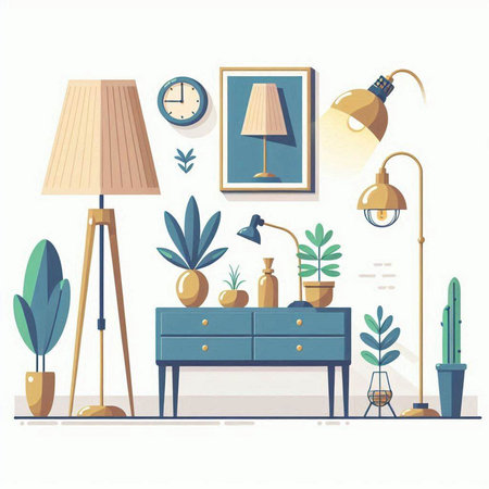 Living room interior design with furniture, lamps and plants. Vector illustrationのイラスト素材