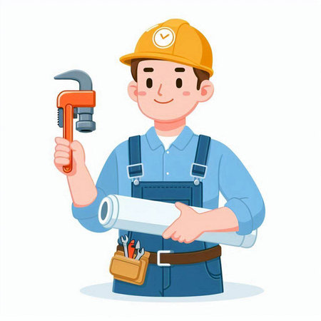 Construction worker holding wrench and blueprint. Vector illustration in cartoon style.のイラスト素材