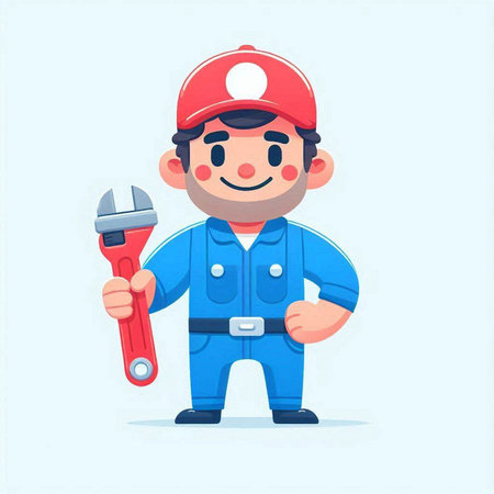 Plumber in uniform holding a wrench. Vector cartoon character illustration.のイラスト素材