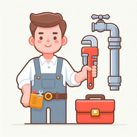 Plumber with pipe wrench and tools. Vector illustration in cartoon styleのイラスト素材